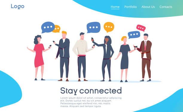 Social Network Landing Page Template. Group of Young People Characters Chatting Using Smartphone for Website or Web Page Social Network Landing Page Template. Group of Young People Characters Chatting Using Smartphone for Website or Web Page. Virtual Communication Concept. Vector illustration. Relationship online dating social media icon illustrations stock illustrations