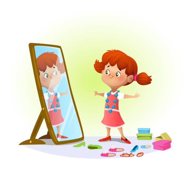 illustrations, cliparts, dessins animés et icônes de mignonne petite fille regardant dans le miroir - child playing dressing up imagination