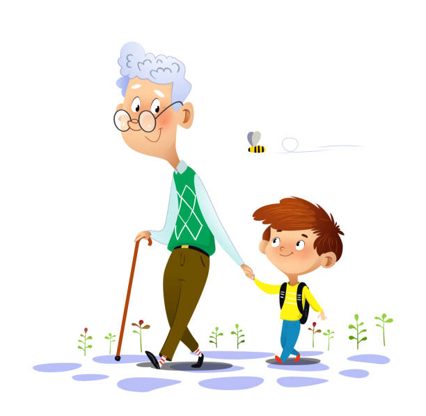 Grandfather walks with his grandson and talking to him vector art illustration