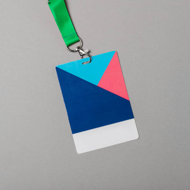 istock Colour badge mockup on gray background. Plain empty name tag mock up with colour string 1082083836
