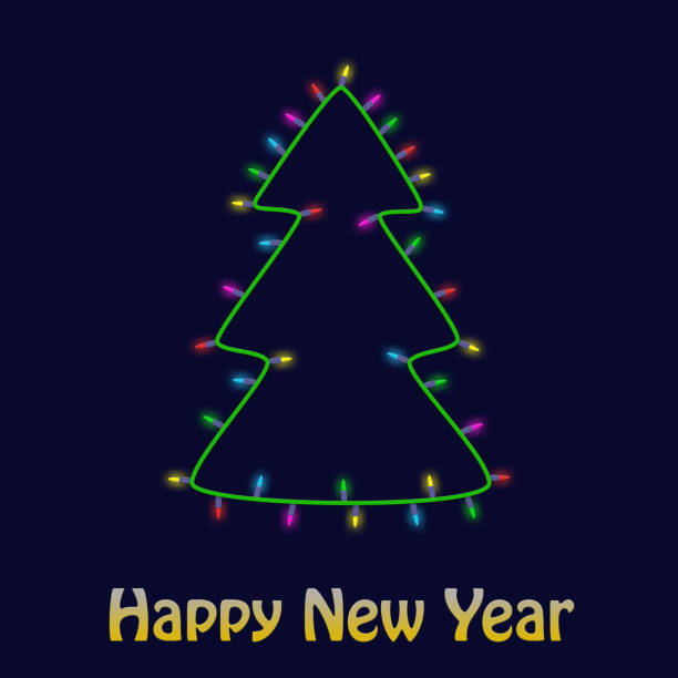 istock Colorful Christmas tree made of light bulb garland new year greeting card background. Hapy New Year 1082085956