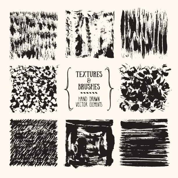 Vector illustration of Grungy hand drawn textures, brush strokes. Design template collection. Abstract vector clipart set isolatad on white background.