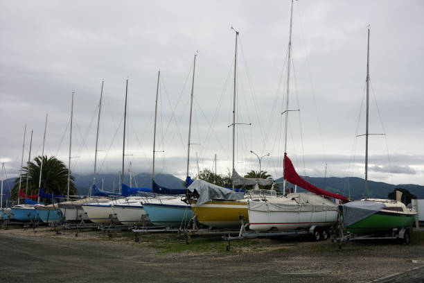 Yachts lined up Ashore Yachts at the marina of Motueka Port, Tasman District, South Island, New Zealand motueka marina tasman region new zealand stock pictures, royalty-free photos & images