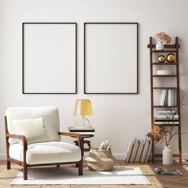 istock mock up poster frame in modern interior background, living room, Scandinavian style, 3D render 1082095988