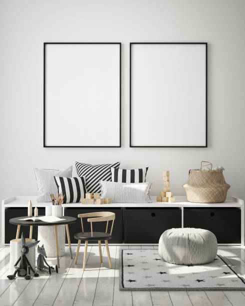 mock up poster frame in children bedroom, Scandinavian style interior background, 3D render