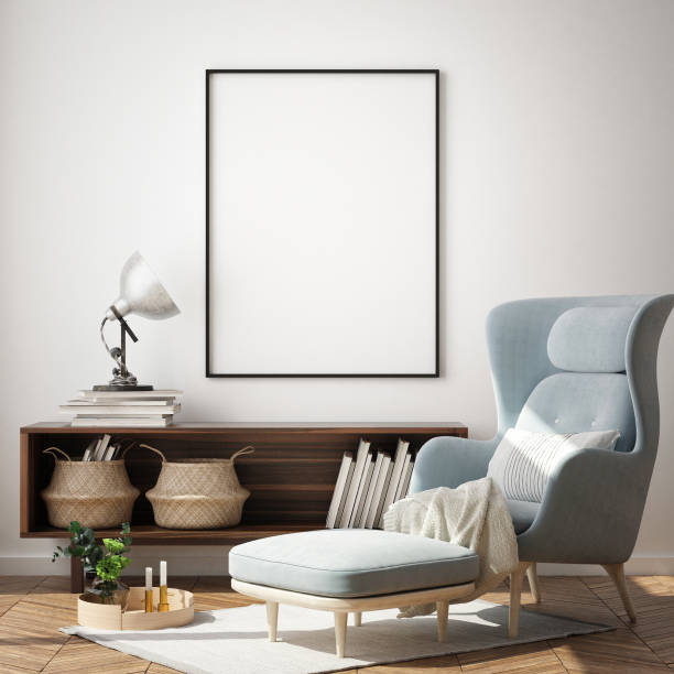 istock mock up poster frame in modern interior background, living room, Scandinavian style, 3D render 1082096088
