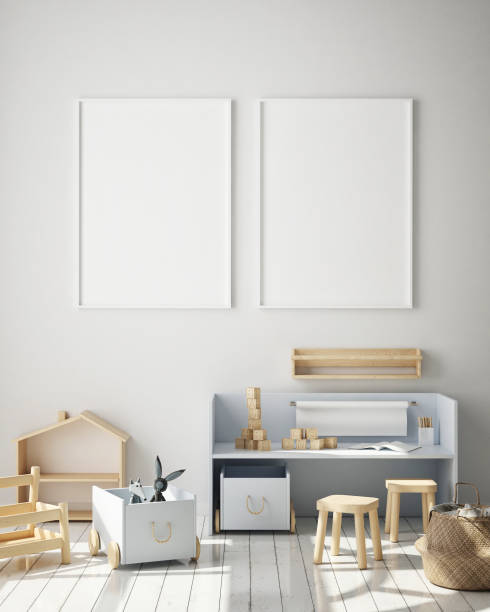 istock mock up poster frame in children bedroom, Scandinavian style interior background, 3D render 1082096114