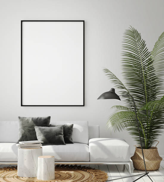 istock mock up poster frame in modern interior background, living room, Scandinavian style, 3D render 1082096124