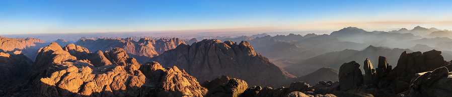 Panorama of Mount Sinai in Sinai Peninsula of Egypt. Dawn of the holy summit of Mount Sinai, Aka Jebel Musa, know also as Mount of Ten Commandments or Mount of Moses.