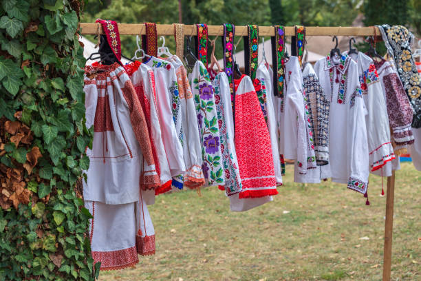 istock Old traditional Romanian folk costumes with embroidery 1082107648