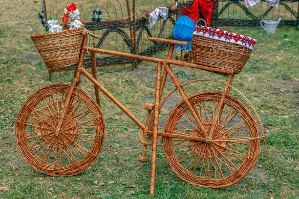 Decorative bike made from twigs and wicker.