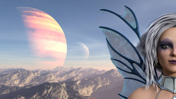 istock Beautiful winged fairy with alien world background 1082107908