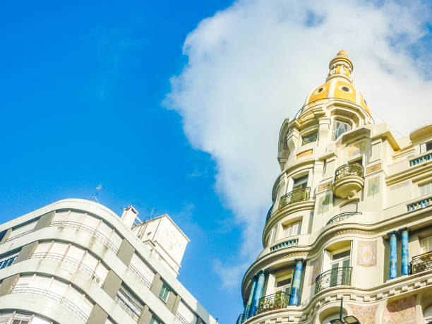 Low angle view eclectic style architecture at 18 de julio street in montevideo downtown, Uruguay