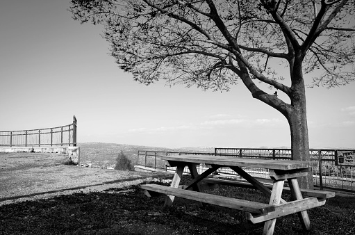 Table and benches at a resting place by seaside