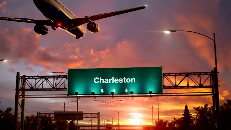 Airplane Landing Charleston during a wonderful sunrise