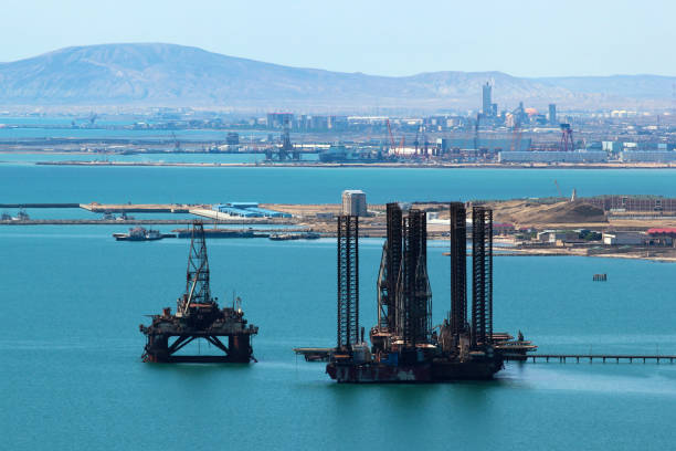 Oil platform off the Caspian sea coast near Baku, Azerbaijan stock photo