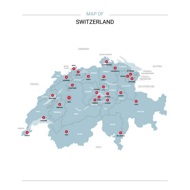 Switzerland map vector with red pin. Switzerland vector map. Editable template with regions, cities, red pins and blue surface on white background. switzerland stock illustrations