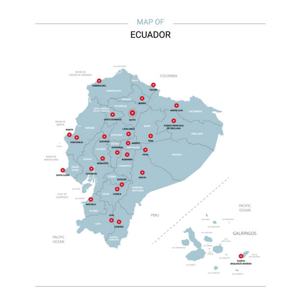 Ecuador map vector with red pin. Ecuador vector map. Editable template with regions, cities, red pins and blue surface on white background. ecuador stock illustrations