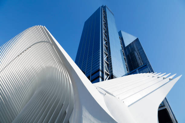 Outdoor view of World Trade Center Transportation Hub (Oculus station House) designed by architect Santiago Calatrava, located near the site of the Hudson and Manhattan Railroad in the Financial District, neighborhood of Manhattan in New York City.