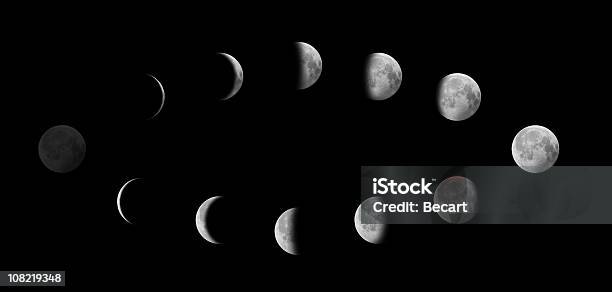 Moon En Diferentes Fases Contra El Cielo Negro Foto de stock y más banco de imágenes de Luna - Luna, Superficie lunar, Fase de imagen