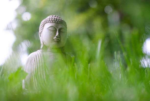 istock Small white Buddha statue in a meditation pose with green grass foreground and on natural bright blurred background. Religious symbol of buddhism. Selective focus 1082195704
