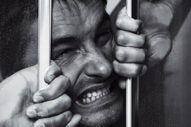 istock Man Struggling to Open Shower Doors, Black and White 108219595