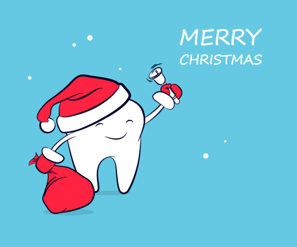 Cute Funny Cartoon Tooth In A Santa Claus Hat In Red Mittens With A Bag Of  Gifts And A Bell Vector Concept Of New Year And Christmas Greeting For The  Dental Clinic