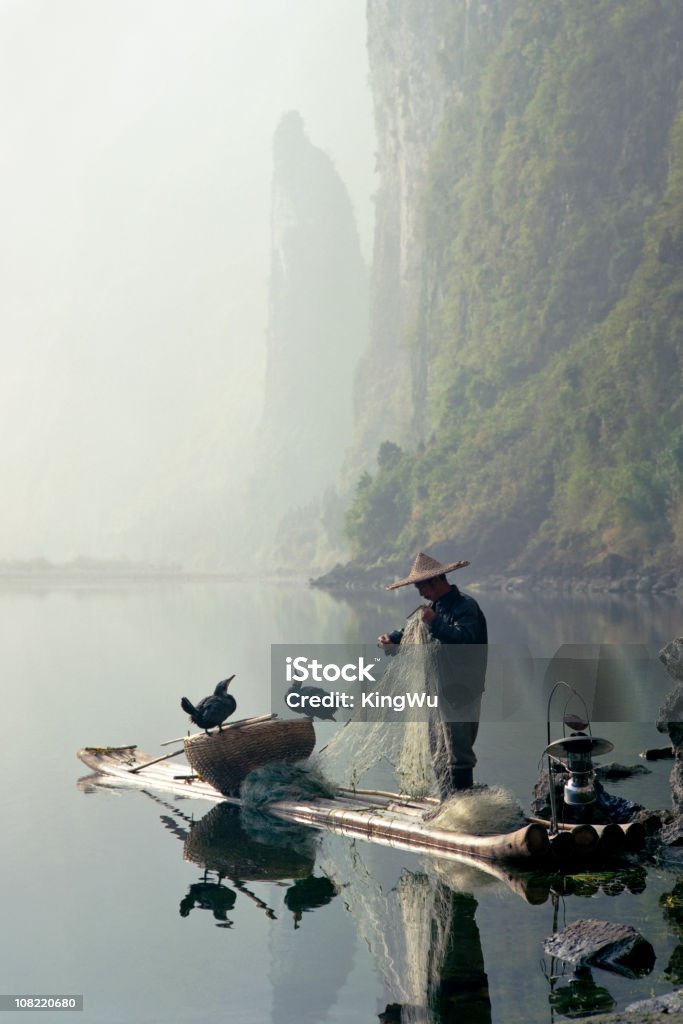 Comorant uccelli seduto su Fisherman's barca del fiume Li - Foto stock royalty-free di Gente comune