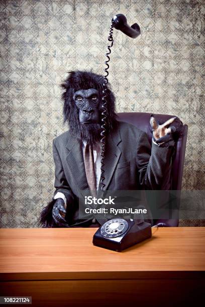 Gorilla Di Business In Un Ufficio Pronto Telefono - Fotografie stock e altre immagini di Costume - Costume, Ufficio, A mezz'aria