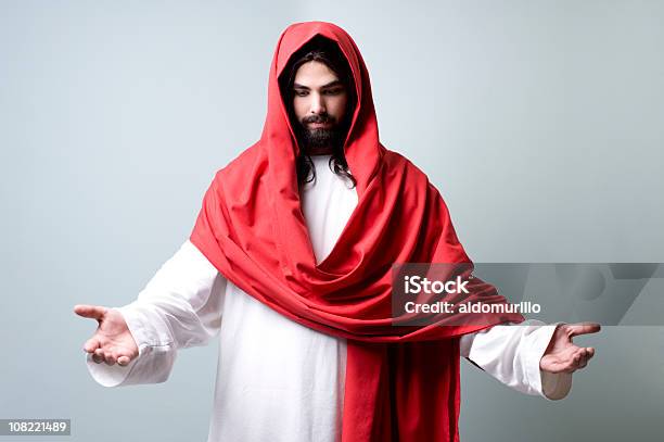 Man Who Looks Like Jesus Christ Holding Arms Out Stock Photo - Download Image Now - Jesus Christ, Men, White Background