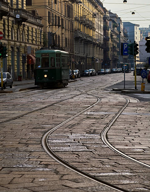 istock Cable Car on Cobblestone Milan Street. Color Image 108221560