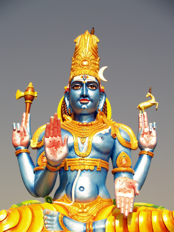 HYDERABAD,INDIA-SEPTEMBER 12,2017: View of Indian Hindu God Vishnu sleeing on sesha naga or snake and narada statues on temple tower