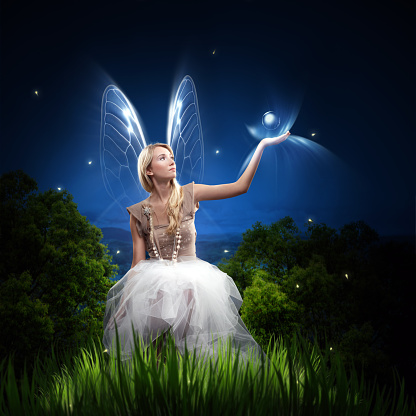 Fantasy illustration of a pretty blonde fairy with pink flowers and wings, 3d digitally rendered illustration