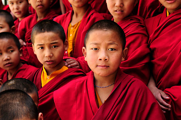 Group of Tibetan Children Buddhist Monks stock photo