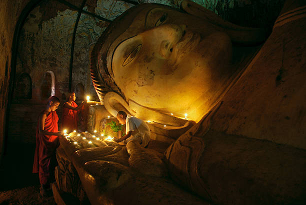 Group of buddhist monks praying inside the temple