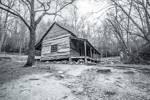 Historical pioneer cabin on display and open to the public in the Great Smoky Mountains National Park. This is a federal government owned land and not a privately owned property or residence.