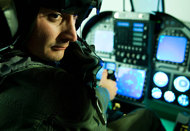 Fighter Plane Pilot Holding Throttle and Sitting Cockpit  supersonic airplane stock pictures, royalty-free photos & images