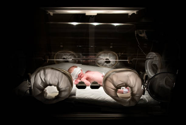 Newborn in incubator, low key stock photo