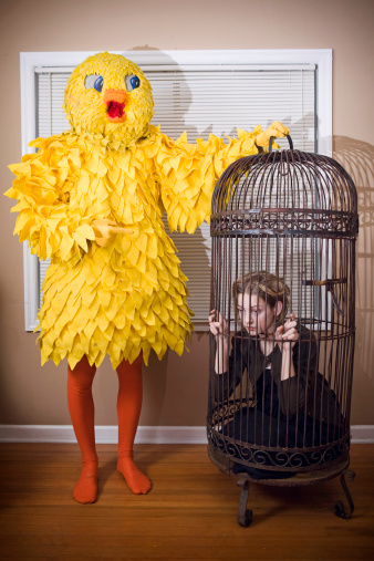 Oh the irony! A large yellow canary costume with pet human in a bird cage.