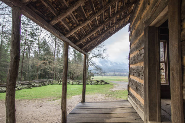 Historical pioneer log cabin in a lush mountain valley on the Roaring Fork Motor Nature Trail in Gatlinburg, Tennessee. This is a historical building in a national park and is not a private owned property or residence.
