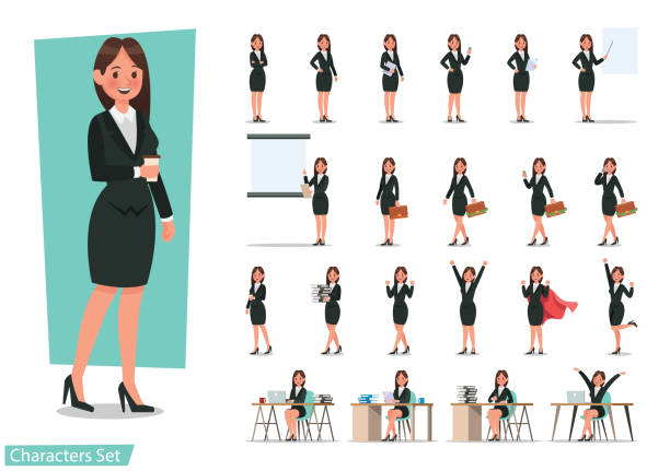 illustrazioni stock, clip art, cartoni animati e icone di tendenza di set di design del personaggio donna d'affari. - business woman