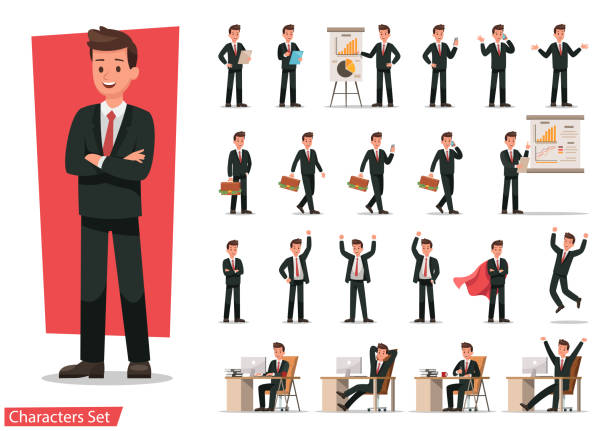 illustrazioni stock, clip art, cartoni animati e icone di tendenza di set di design del personaggio di businessman. - bizzarro