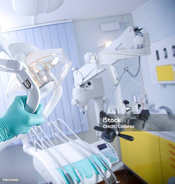 Dentist Clinic Patient Room With Gloved Hand Holding Light Stock Photo - Download Image Now