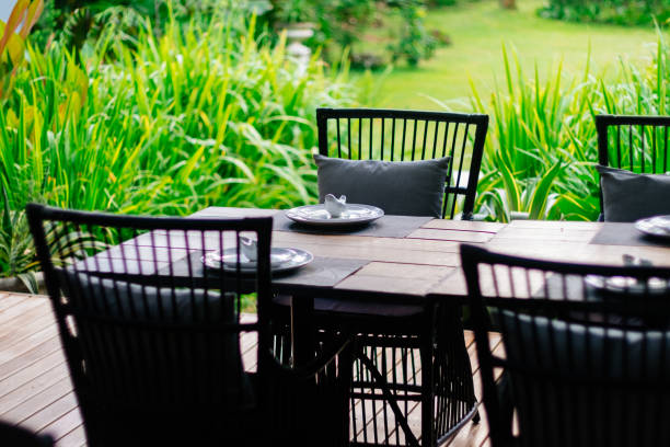 istock Close-up wooden dining table set 1082259486