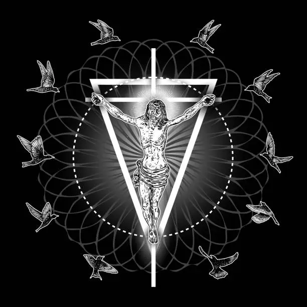 Vector illustration of Jesus Christ crucified and raven or crow birds flock flying around him. Modern new age visual interpretation, symbol of Christianity prayer, religion and mystical spiritual experience. Vector.