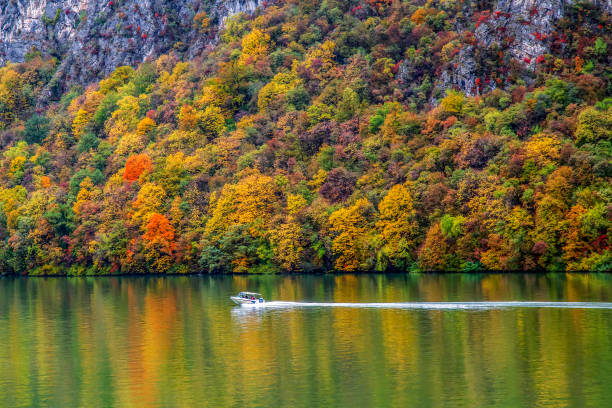 outono no desfiladeiro do danúbio - danube river romania serbia river - fotografias e filmes do acervo