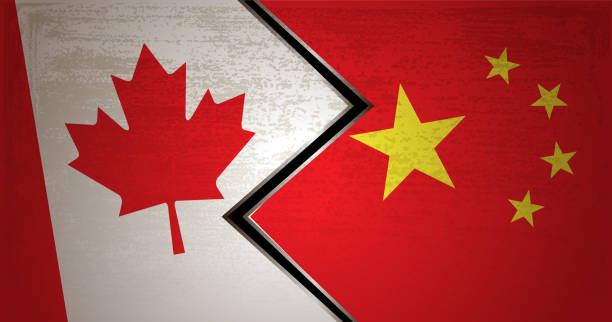 istock Conflict concept with Flag of Canada and China on grunge textured background 1082279398