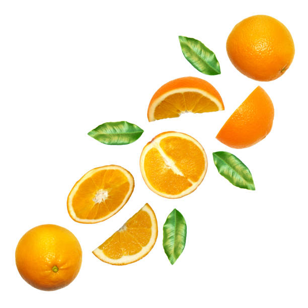 istock Fruit composition with fresh orange isolated on white background. Creative minimalistic food concept. Top view. 1082286888