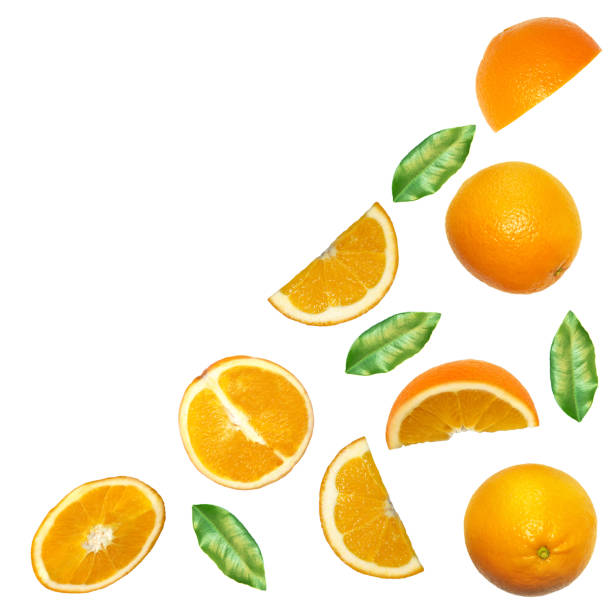 istock Fruit composition with fresh orange isolated on white background. Creative minimalistic food concept. Top view. 1082286892