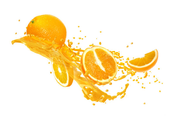 istock Juice or liquid splashing with fresh orange isolated on white background. Creative minimalistic food concept for design package, advertising, ads, branding. 1082287000